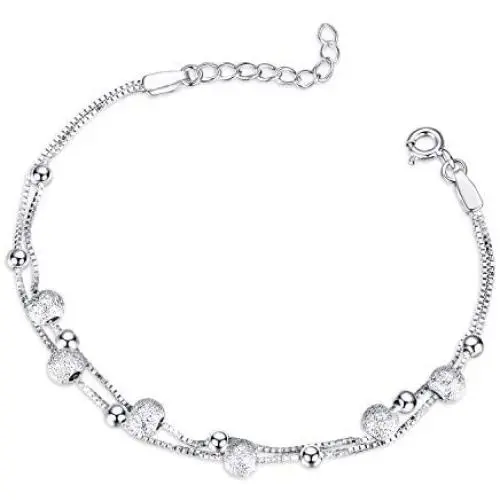 ESSIE ODILA Women 925 Sterling Silver Bracelet Boho Beach Dainty Dot Fashion Beads Chain Silver Ball CZ Bracelet for Women