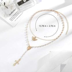 Woeoe Bohe Pearls Layered Rosary Necklace Gold Coin Pendants Cross Religious Necklaces Chain Beach Y Shape Angel Necklace Jewelry for Women and Girls