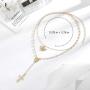 Woeoe Bohe Pearls Layered Rosary Necklace Gold Coin Pendants Cross Religious Necklaces Chain Beach Y Shape Angel Necklace Jewelry for Women and Girls