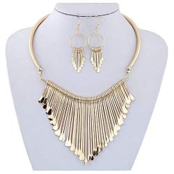 Juland Statement Bib Necklace with Golden Metal Fringe Drop Choker Necklace Earrings Set Fashion Bohemian Punk Ethnic Style for Women