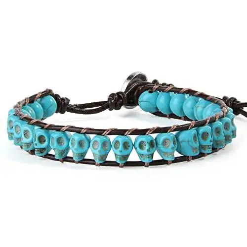 KELITCH Created Turquoise Crystal Mix Beaded Single Wrap Bracelet on Brown Leather Handwoven New Jewelry KELITCH Created Turquoise Crystal Mix Beaded Single Wrap Bracelet on Brown Leather Handwoven New Jewelry