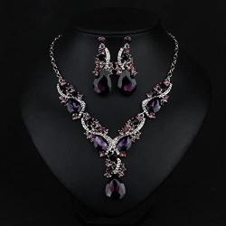 Hamer Costume Jewelry Purple and White Crystal Choker Pendant Statement Charm Necklace and Earrings Sets Women