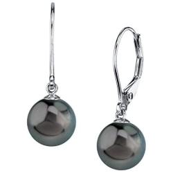 THE PEARL SOURCE 14K Gold Round Genuine Black Tahitian South Sea Cultured Pearl Leverback Earrings for Women