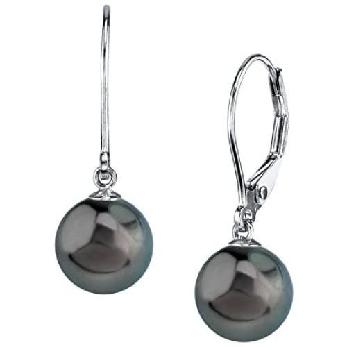 THE PEARL SOURCE 14K Gold Round Genuine Black Tahitian South Sea Cultured Pearl Leverback Earrings for Women