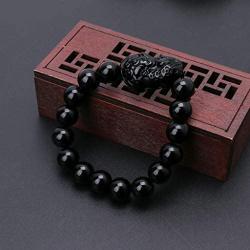 Goldenlight 2 Pcs Pi Xiu Bracelet Feng Shui Black Obsidian Wealth Bracelet for Women Men Adjustable Elastic