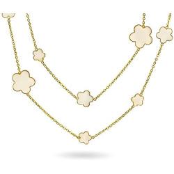 Fashion White Black Enamel Large Flower Long Gold Plated Station Chain Wrap Layer Clover Necklace for Women 40 Inch