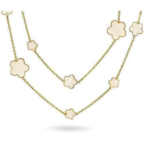 Fashion White Black Enamel Large Flower Long Gold Plated Station Chain Wrap Layer Clover Necklace for Women 40 Inch