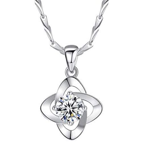 PAPUKA 925 Sterling Silver Four Leaf Clover Pendant Necklace for Women Girls,5A Cubic Zirconia Christmas Fashion Jewelry Gift Birthday Gift for Mom Women Wife Girls Her