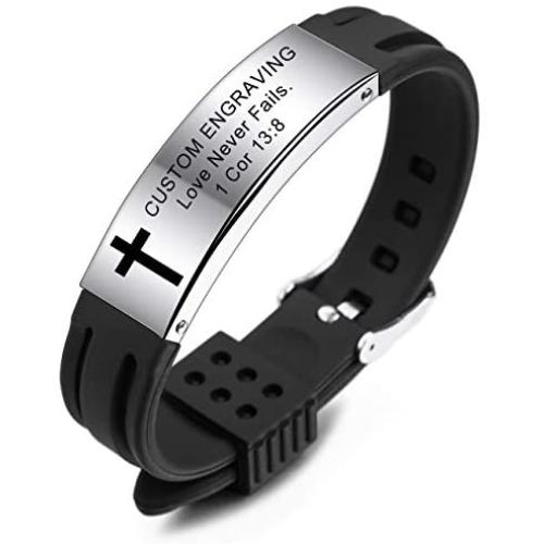 MeMeDIY Inspirational Quote Cross Bracelets Faith Christian Bible Accessories Verse Silicone ID Wristband Religious Gifts for Men Women Boys Girls Stainless Steel Rubber Adjustable (2 Colors)