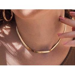 U/D Gold Plated Snake Chain Necklace Bracelet 5MM Flat Herringbone Choker Dainty Adjustable 16Inch Necklace for Women