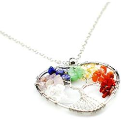 ARZASGO Tree of Life Charm Pendant Necklace, 7 Chakra Natural Quartz Reiki Healing Crystals Handmade Necklace for Family Friends