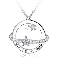 HOTIE You Are My World Pendant Necklace 925 Sterling Silver Planet Star Necklace with Sparkling Cubic Zirconia Mother Daughter Necklace, Jewelry for Women Girls Wife