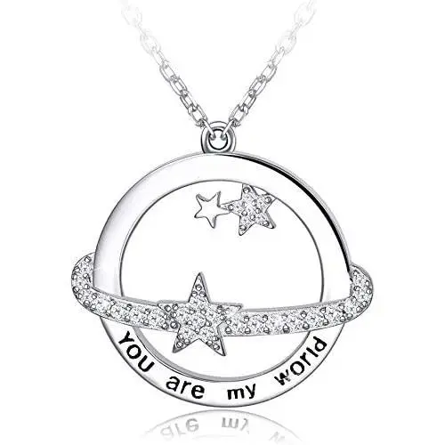 HOTIE You Are My World Pendant Necklace 925 Sterling Silver Planet Star Necklace with Sparkling Cubic Zirconia Mother Daughter Necklace, Jewelry for Women Girls Wife