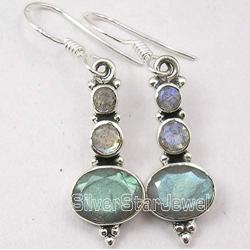 SilverStarJewel Faceted Labradorite 3 Stone French Hook Earrings 3.8 cm 925 Pure Silver