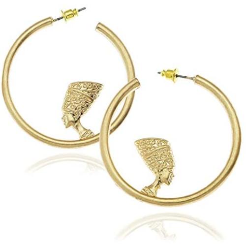 RechicGu Ancient Egyptian Queen Nefertiti Hoop Ear Studs Earrings Revival Cleopatra Amulet Halloween Goth Punk Rock