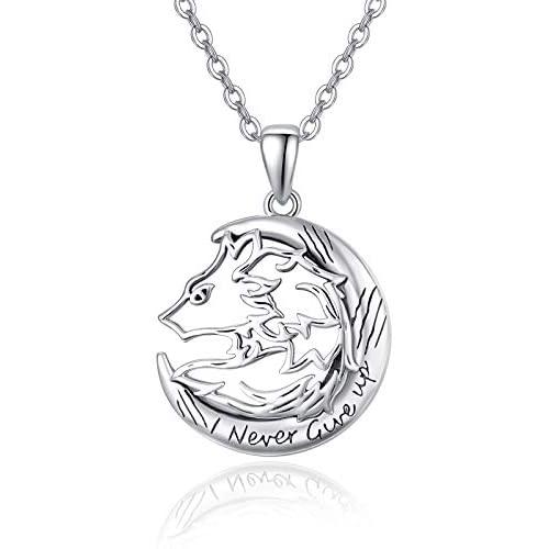 TRISHULA Wolf Pendant Necklace Jewelry, Sterling Silver I Never Give Up Necklace Crescent Moon Jewelry Gift for Girlfriend Wife