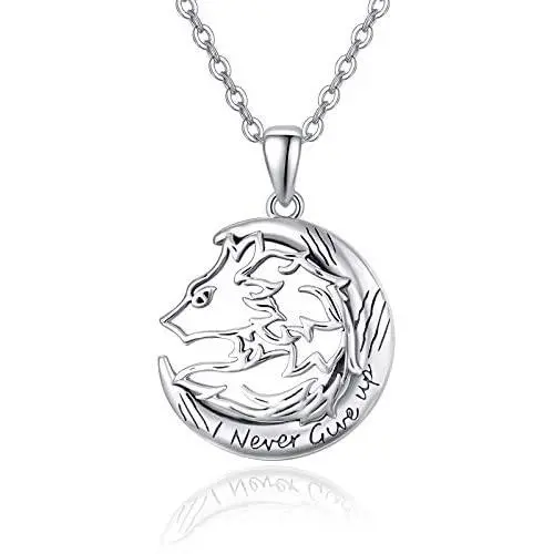 TRISHULA Wolf Pendant Necklace Jewelry, Sterling Silver I Never Give Up Necklace Crescent Moon Jewelry Gift for Girlfriend Wife