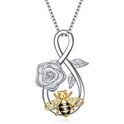 Bee Necklace Sterling Silver Infinity Love Bee Pendant Necklace with Rose Flower Jewelry Gifts for Women Teens