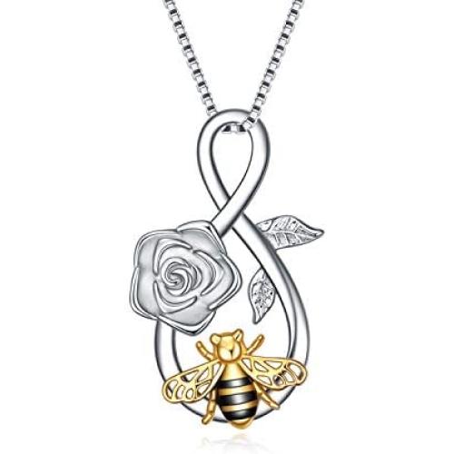 Bee Necklace Sterling Silver Infinity Love Bee Pendant Necklace with Rose Flower Jewelry Gifts for Women Teens