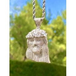 Shop-iGold Custom Jesus Men Women 925 Italy White Gold Finish Iced Silver Charm Ice Out Pendant Stainless Steel Real 3 mm Rope Chain, Mans Jewelry, Iced Pendant, Rope Necklace 16''- 24''