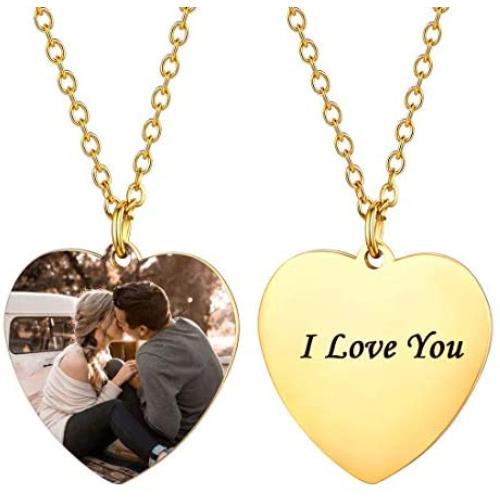 U7 Personalized Dog Tags Necklace with Chain Stainless Steel Text/Image Print Photo Custom Engraving Pendant, Gift for Men Women(Tag/Round/Heart)