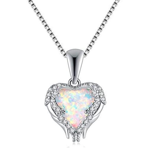 CiNily Ladies Angel Wing Necklace-White Opal Pendant Necklace Embellished with Cubic Zirconia Heart Shape Jewelry Gifts for Women Mom Girls