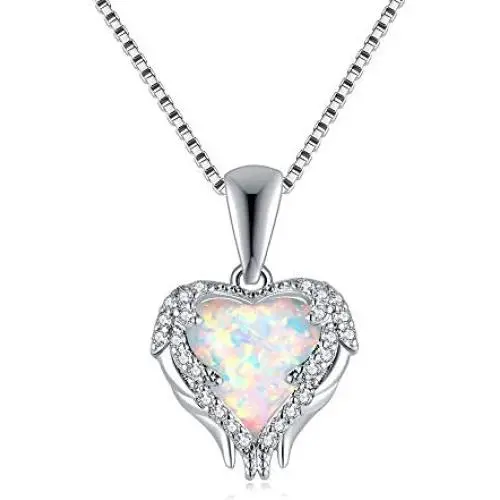 CiNily Ladies Angel Wing Necklace-White Opal Pendant Necklace Embellished with Cubic Zirconia Heart Shape Jewelry Gifts for Women Mom Girls