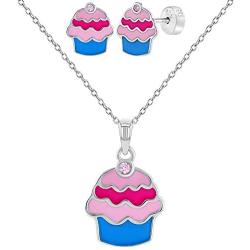 925 Sterling Silver Cupcake Childrens Jewelry Set Necklace Earrings Pink CZ 16''