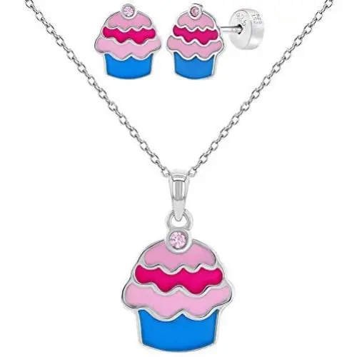 925 Sterling Silver Cupcake Childrens Jewelry Set Necklace Earrings Pink CZ 16''