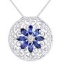 Jewel Zone US 925 Sterling Silver Simulated Blue Sapphire & Natural Diamond Filigree Medallion Pendant Necklace