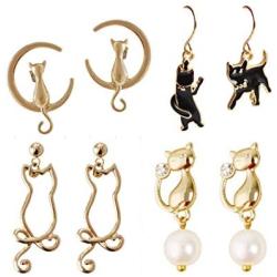 Jin Sheng Cute and Sweet Cat Earrings Jewelry Set Gold Plated Drop Earrings for Women Girls Fashion Jewelry-4 Pairs