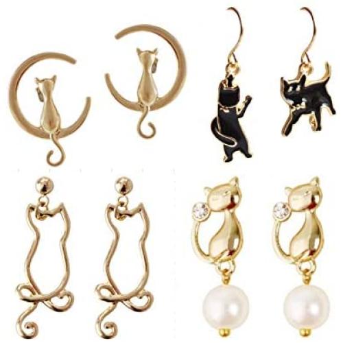 Jin Sheng Cute and Sweet Cat Earrings Jewelry Set Gold Plated Drop Earrings for Women Girls Fashion Jewelry-4 Pairs