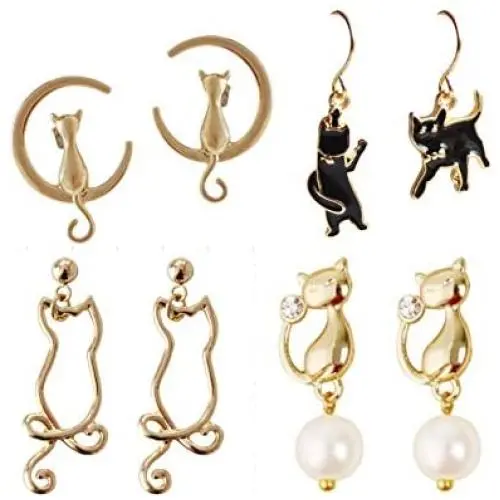 Jin Sheng Cute and Sweet Cat Earrings Jewelry Set Gold Plated Drop Earrings for Women Girls Fashion Jewelry-4 Pairs