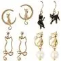 Jin Sheng Cute and Sweet Cat Earrings Jewelry Set Gold Plated Drop Earrings for Women Girls Fashion Jewelry-4 Pairs