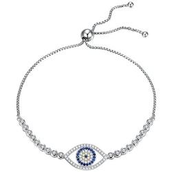 TONGZHE Blue Evil Eye Tennis Bracelet in Sterling Silver 925 with Cubic Zirconia CZ and Adjustable 10'' Box Chain