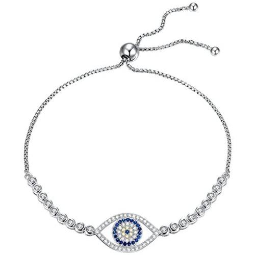 TONGZHE Blue Evil Eye Tennis Bracelet in Sterling Silver 925 with Cubic Zirconia CZ and Adjustable 10'' Box Chain