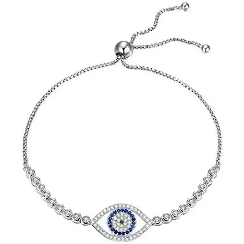 TONGZHE Blue Evil Eye Tennis Bracelet in Sterling Silver 925 with Cubic Zirconia CZ and Adjustable 10'' Box Chain TONGZHE Blue Evil Eye Tennis Bracelet in Sterling Silver 925 with Cubic Zirconia CZ and Adjustable 10'' Box Chain