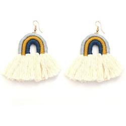 Boho Cotton Tassel Earrings for Women Girls Pearl Drop Earrings Vintage Handmade Green Fringe Dangle Earrings