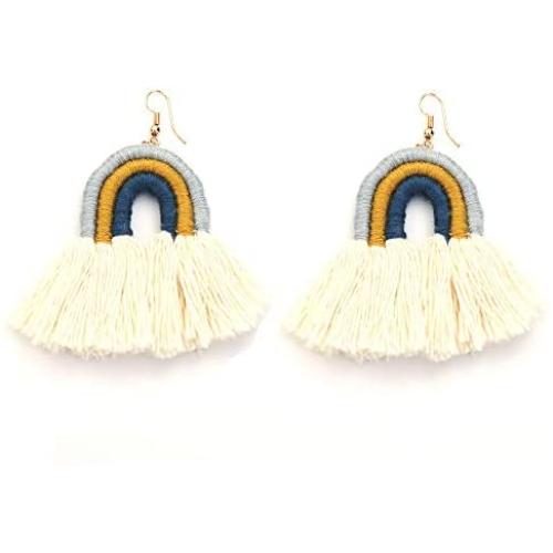 Boho Cotton Tassel Earrings for Women Girls Pearl Drop Earrings Vintage Handmade Green Fringe Dangle Earrings