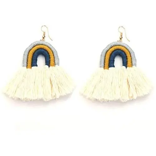 Boho Cotton Tassel Earrings for Women Girls Pearl Drop Earrings Vintage Handmade Green Fringe Dangle Earrings