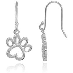 Sterling Silver Polished Animal Dog Paw Heart Dangle Earrings