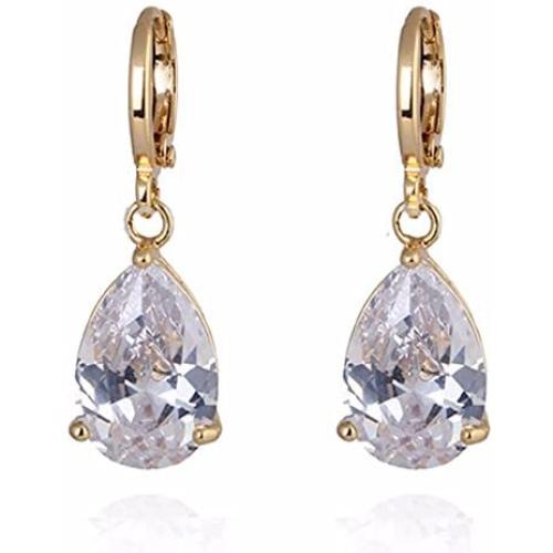 GULICX Party Jewelry Gold Tone White Teardrop Crystal Clear Cubic Zirconia Leverback Dangle Earrings