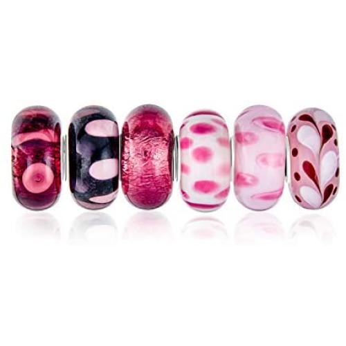 Mixed Set Of Bundle .925 Sterling Silver Core Translucent Shades Of Rose Pink Murano Glass Swirl Flower Charm Bead Spacer Fits European Bracelet For Women Teen
