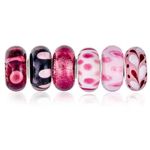 Mixed Set Of Bundle .925 Sterling Silver Core Translucent Shades Of Rose Pink Murano Glass Swirl Flower Charm Bead Spacer Fits European Bracelet For Women Teen