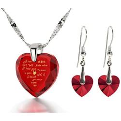 925 Silver I Love You Necklace 12 Languages Gold Inscribed CZ - Crystal Earring Heart Jewelry Set, 18''