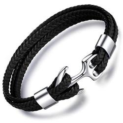 MicLee Mens Handmade Leather Bracelet Multilayer Vintage Anchor Bracelet Cuff Wrap Rope Wristband with Gift Box