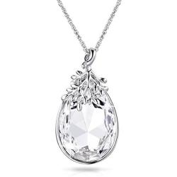 Alantyer Austrian Crystal Teardrop Necklace with Lucky Olive Leaf Birthstone Pendant 14K White Gold Plated Chain Necklace for Women Girls Silver Jewelry Gift 18