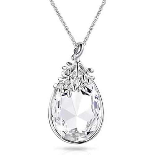 Alantyer Austrian Crystal Teardrop Necklace with Lucky Olive Leaf Birthstone Pendant 14K White Gold Plated Chain Necklace for Women Girls Silver Jewelry Gift 18