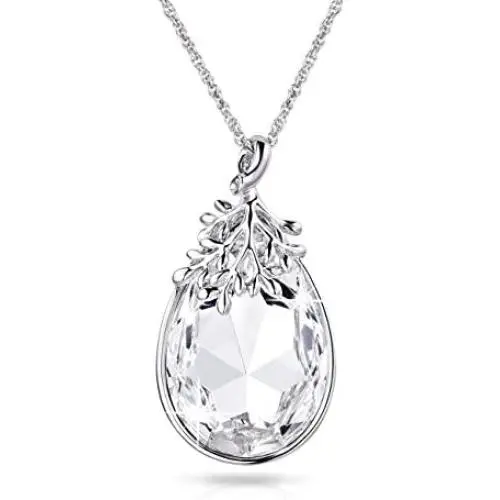 Alantyer Austrian Crystal Teardrop Necklace with Lucky Olive Leaf Birthstone Pendant 14K White Gold Plated Chain Necklace for Women Girls Silver Jewelry Gift 18 Alantyer Austrian Crystal Teardrop Necklace with Lucky Olive Leaf Birthstone Pendant 14K White Gold Plated Chain Necklace for Women Girls Silver Jewelry Gift 18