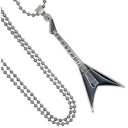 Heavy Metal Jewelry V-Shaped Electric Guitar Biker Gothic Punk Rock Music Protection Amulet Pewter Boys Mens Pendant Necklace Charm for men w Silver Ball Chain